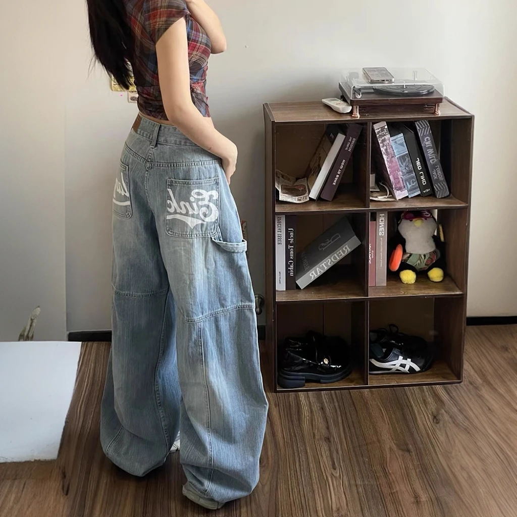 美式高街涂鸦直筒牛仔裤女春秋新款显瘦宽松高腰阔腿休闲拖地长裤