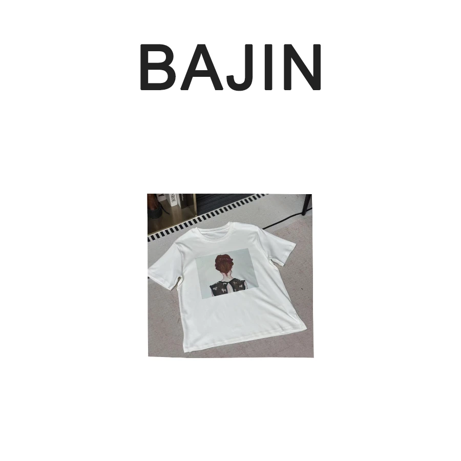 B2351【夏季新品棉纶女孩背影短袖T恤上衣印花】圆领白色休闲