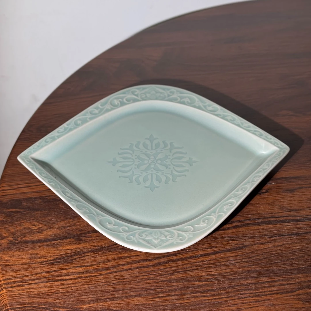 恋长安知己非遗耀州窑青瓷花舞大唐春天青釉浮雕异形菱形茶盘餐盘
