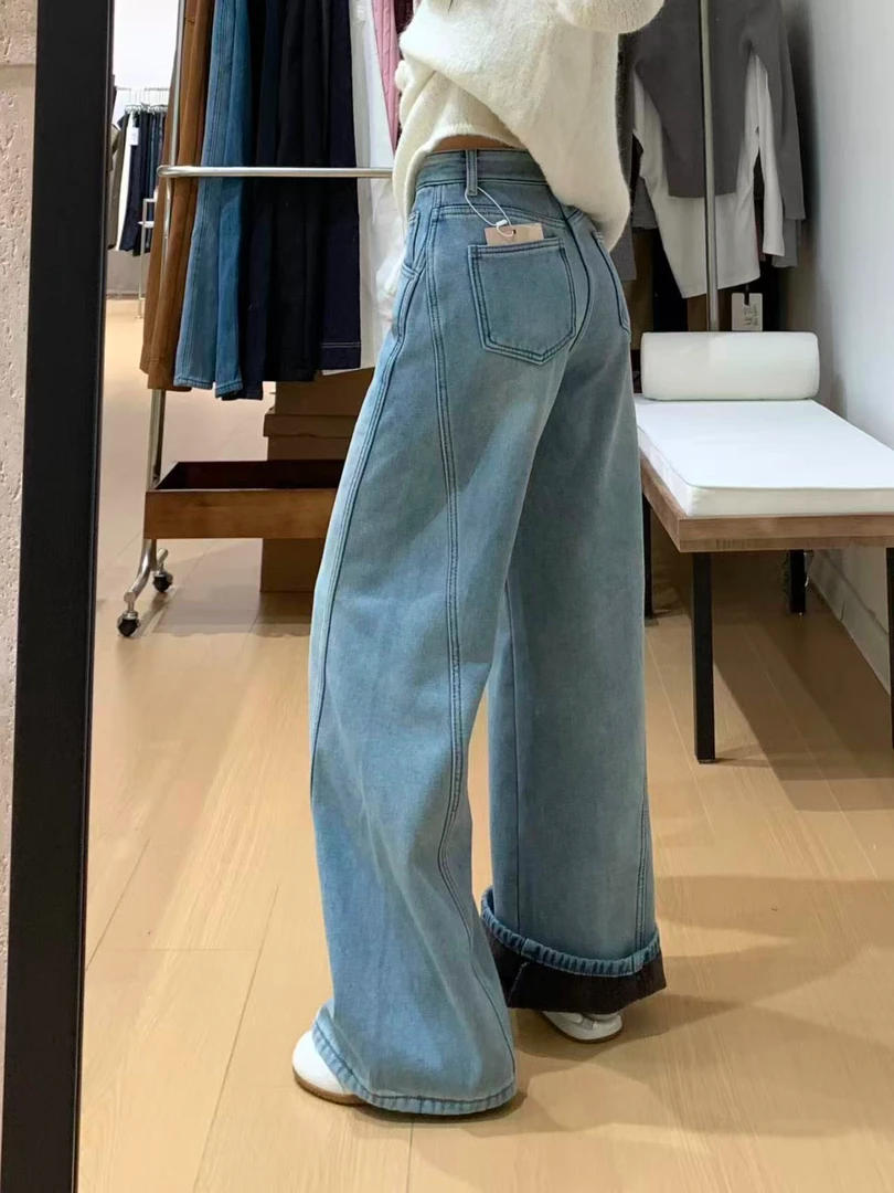 加绒加厚弯刀阔腿牛仔裤女冬季大码胖mm设计感宽松显瘦垂感拖地裤