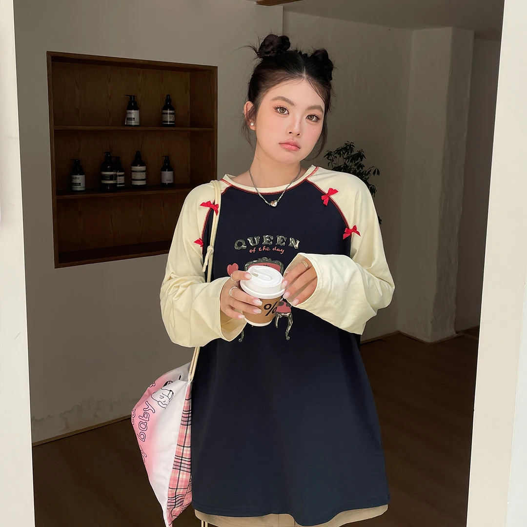 【现现专场】大码女装韩系新款长袖上衣蝴蝶结胖mm独特超好看t恤