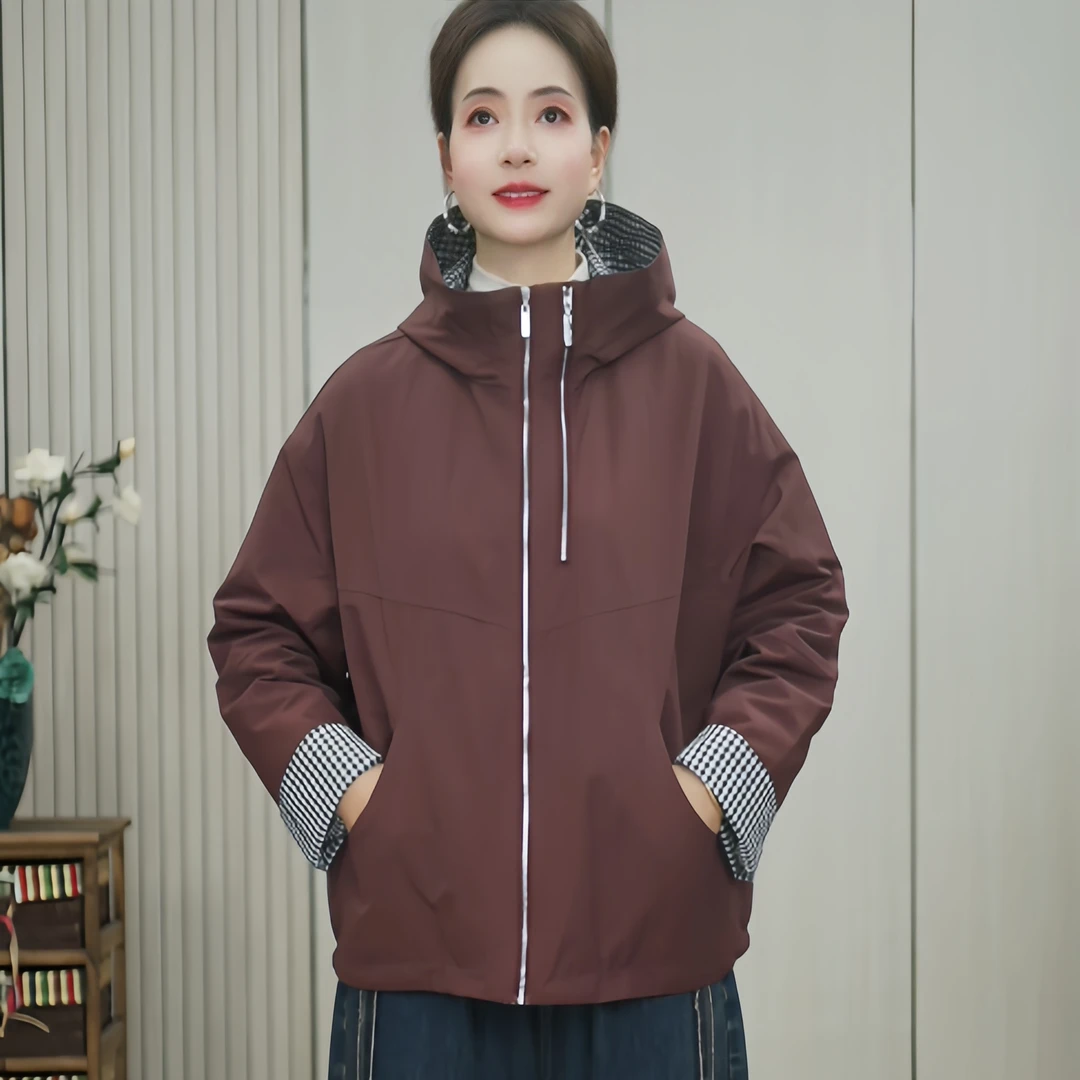 604新款春秋时尚户外休闲百搭撞色连帽外套春季宽松夹克开衫女