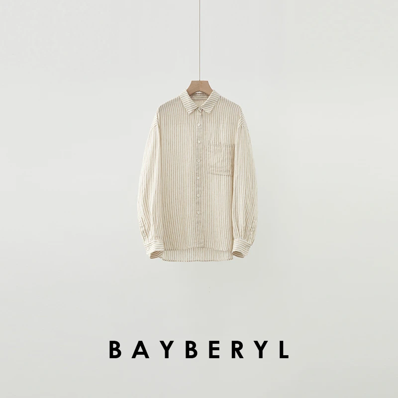 BAYBERYL老贝日杂条纹翻领单排扣百搭亚麻25春衬衫NCY4L0406-2/18