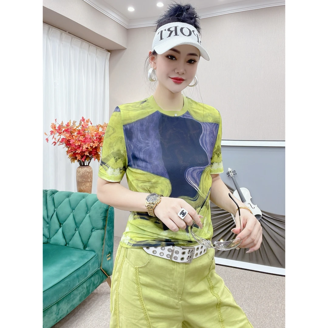 正肩圆领短袖拼接几何四分袖气质复古设计师不对称拼色T恤