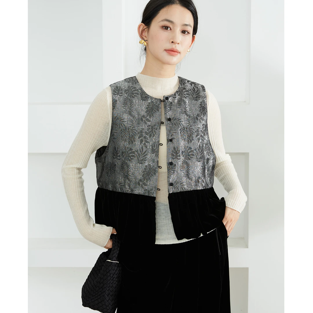 SILVIYE新中式织金真丝丝绒拼接真丝羊毛夹棉马甲冬季新款WT52396