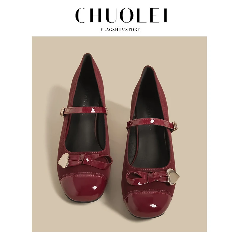 法式单鞋女2025春季新款酒红色蝴蝶结一字带粗高跟浅口玛丽珍鞋子