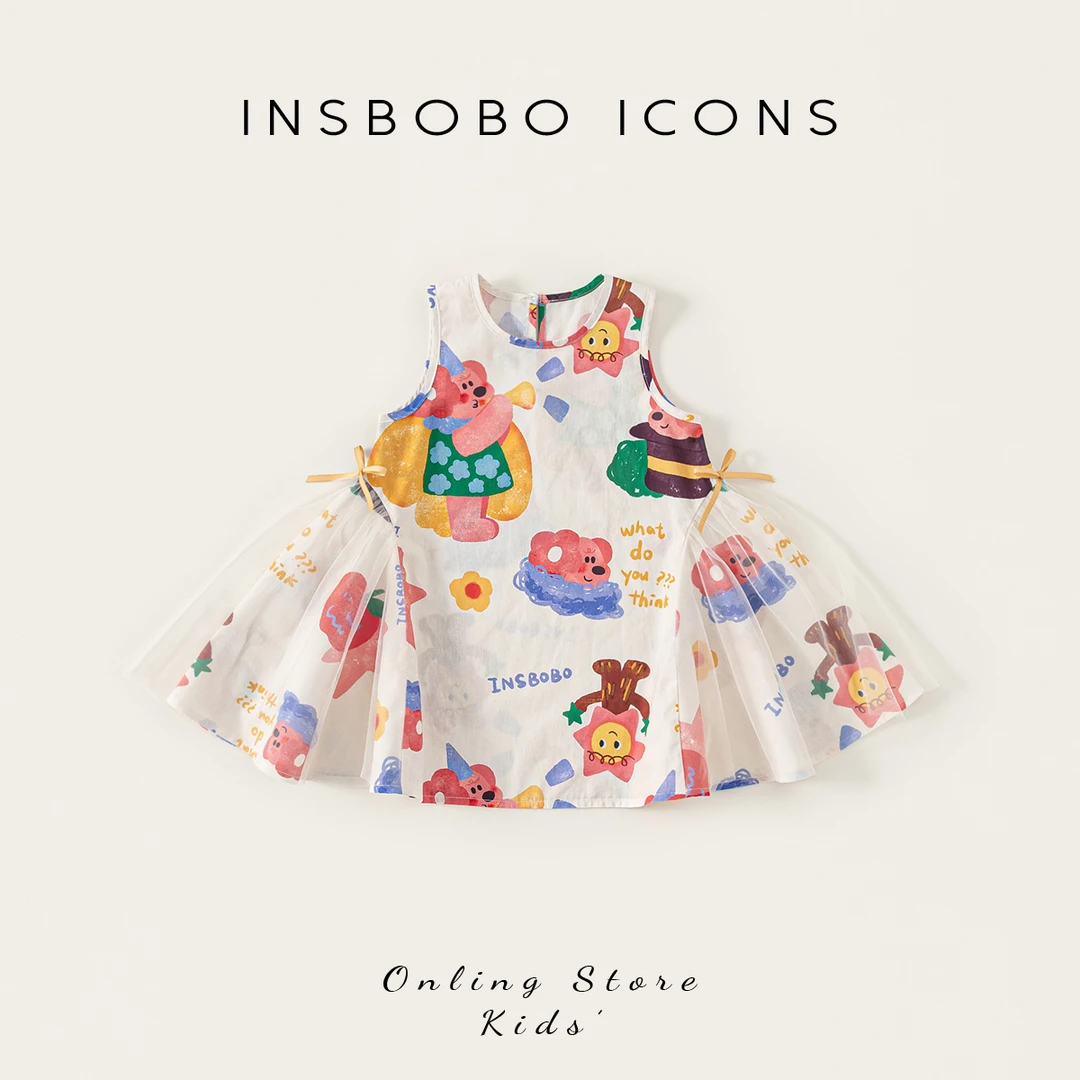 XQ25566【夏】儿童裙子（后背开扣蝴蝶结带网纱A字版型无袖连衣裙）