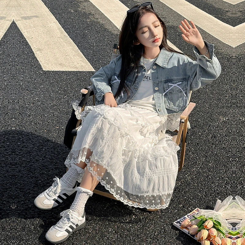 女童裙子春装2025新款儿童白色半身裙女孩蛋糕裙大童韩系穿搭套装