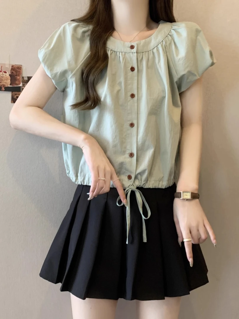 法式泡泡短袖衬衫女夏装大码胖mm显瘦设计感短款抽绳上衣洋气小衫