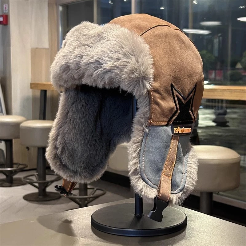 【新疆西藏包邮】复古拼接pu皮质毛绒一体冬季时尚加厚保暖飞行帽