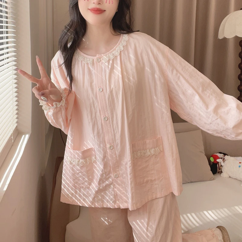 甜美可爱公主风花边圆领开衫纯棉长袖长裤睡衣女士春秋季新款套装