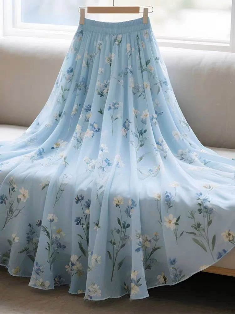 今年流行爆款蓝色雪纺碎花仙女裙女垂坠感显瘦遮肉气质中长半身裙