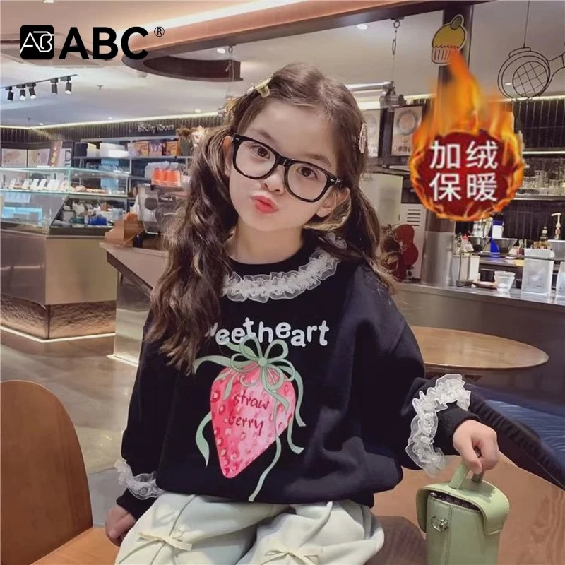 ABC女童加绒加厚上衣2025冬季新款法式风格蕾丝花边加绒草莓圆领