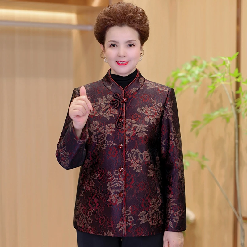 2025秋冬新款妈妈装新中式唐装立领长袖开衫中老年人外套气质奶奶
