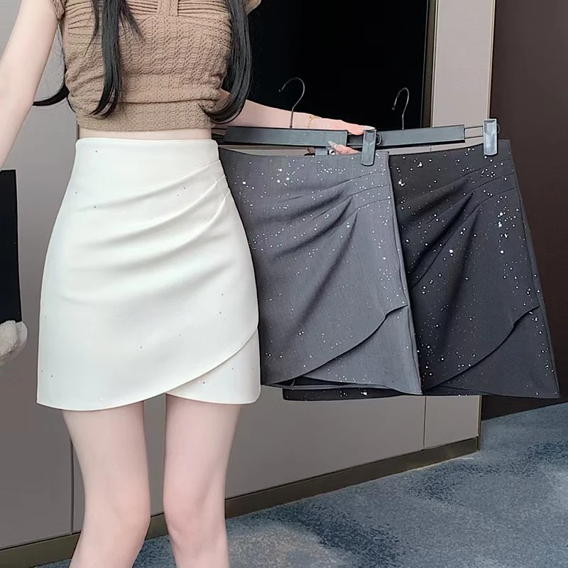 高腰西装半身裙女夏季新款时尚亮片小香风A字裙不规则褶皱设计感