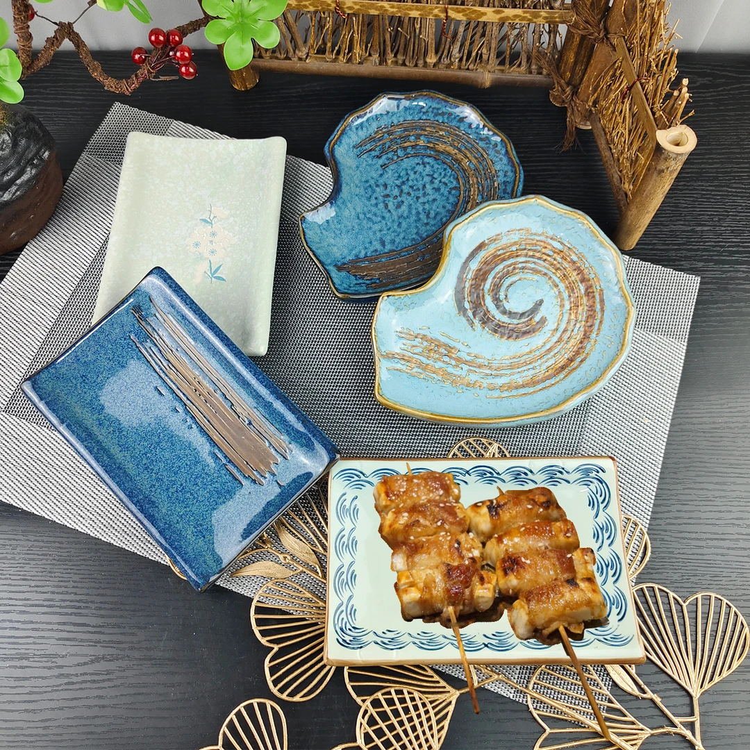 日式陶瓷创意串烧盘长方竹边盘子厚边烧鸟盘一人份多用寿司前菜碟