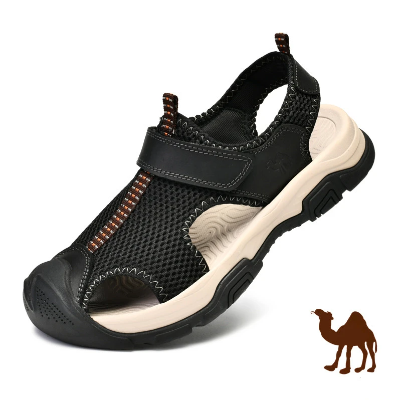 品牌2025夏季包头凉鞋男户外运动沙滩鞋男防滑透气软底真皮网面鞋