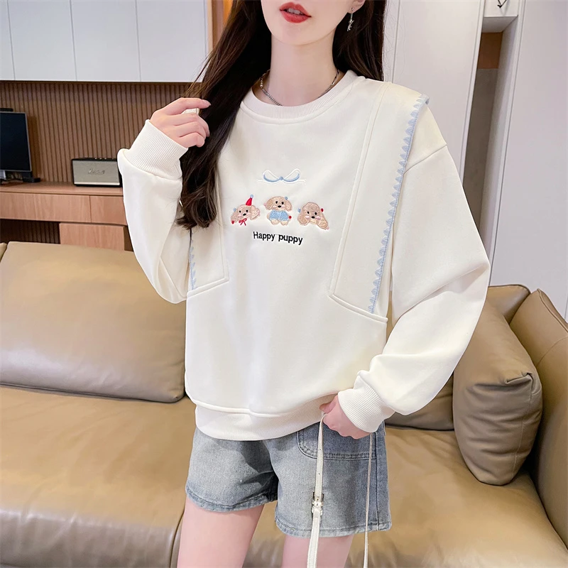 设计圆领春秋卫衣女韩版宽松刺绣2025新款小个子百搭小众上衣ins