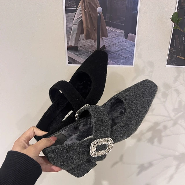 法国高跟玛丽简女士毛绒鞋2025秋冬搭配裙子晚鞋羊毛衬莱茵石鞋