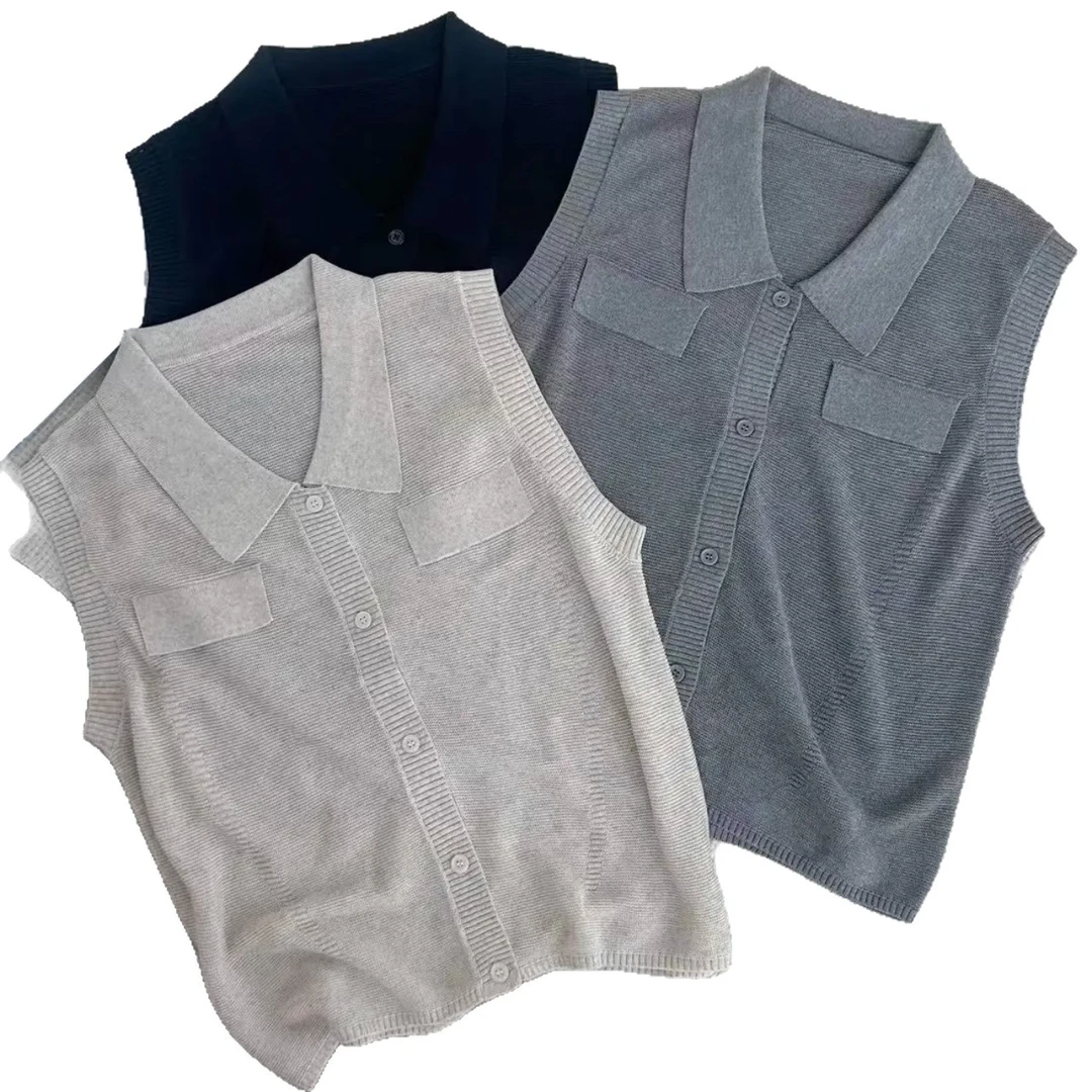 无袖背心马甲冰丝v领针织polo开衫新款韩系气质女装设计感上衣夏