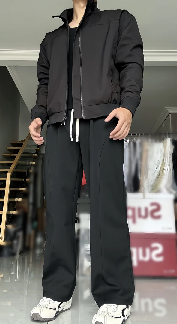 秋冬加绒加厚美式斜切弯刀卫裤男直筒百搭垂感显高显腿长休闲裤