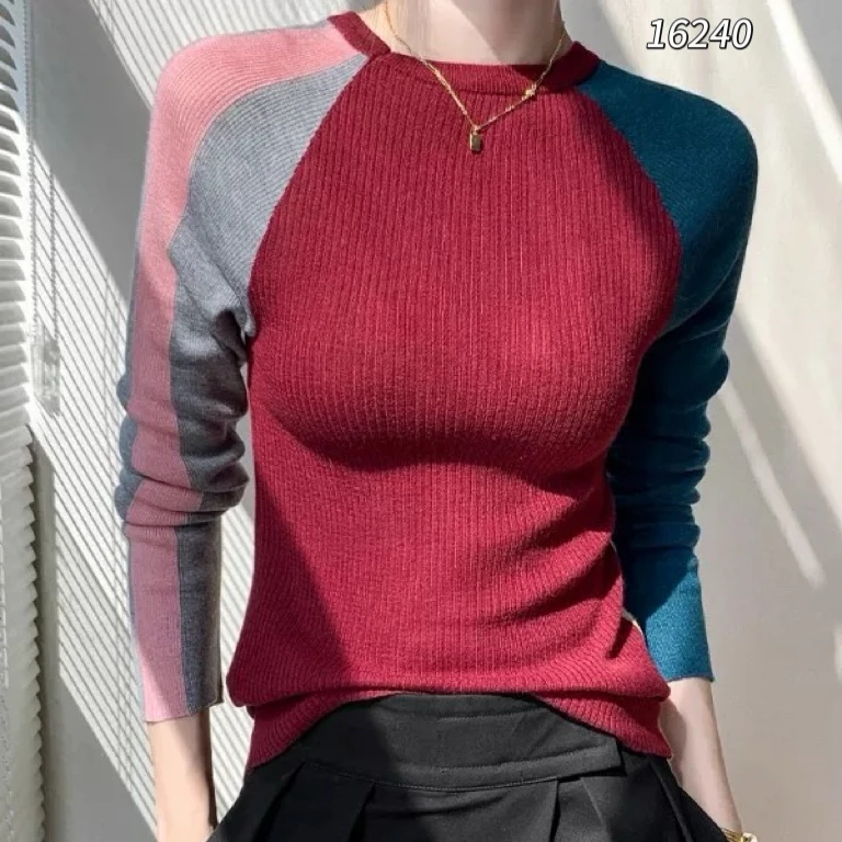 16240 WANGDAN（部分无水洗唛，介意慎拍)圆领多色撞色针织衫