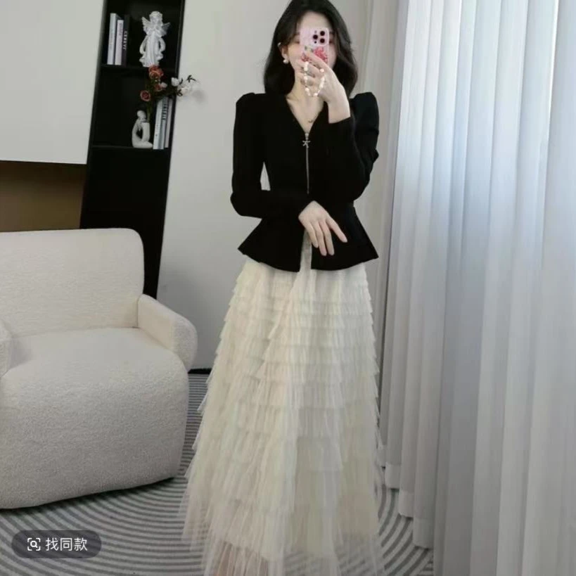 小香风气质御姐套装裙女装2025春季新款时尚拉链修身上衣蛋糕裙子