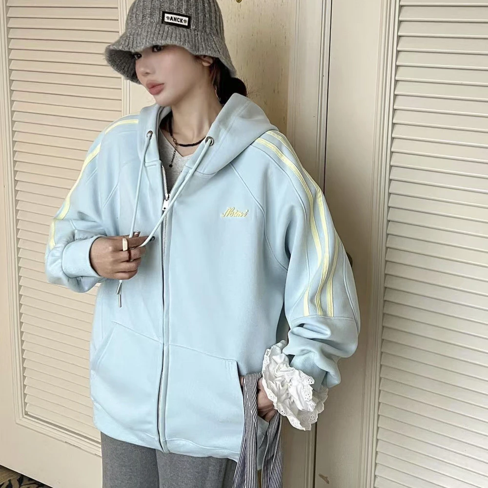 『超乎想象』美式复古撞色大版拉链帽衫2025春季新品