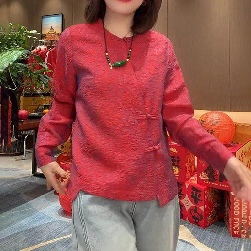 2025秋冬季新款女士中式国风红色长袖衬衫宽松减龄加厚打底小上衣