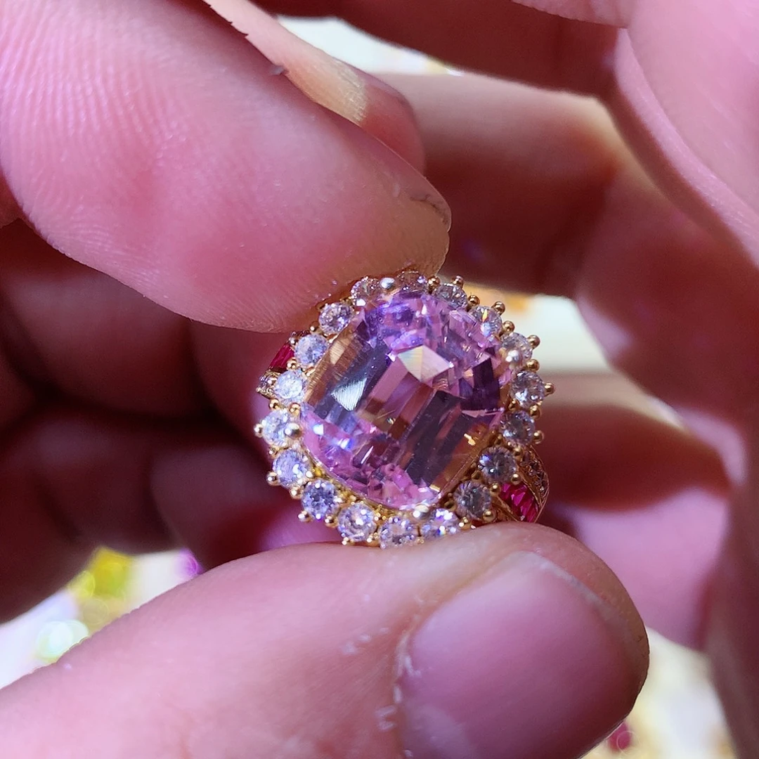 锂辉石戒指银S925镀金镶嵌