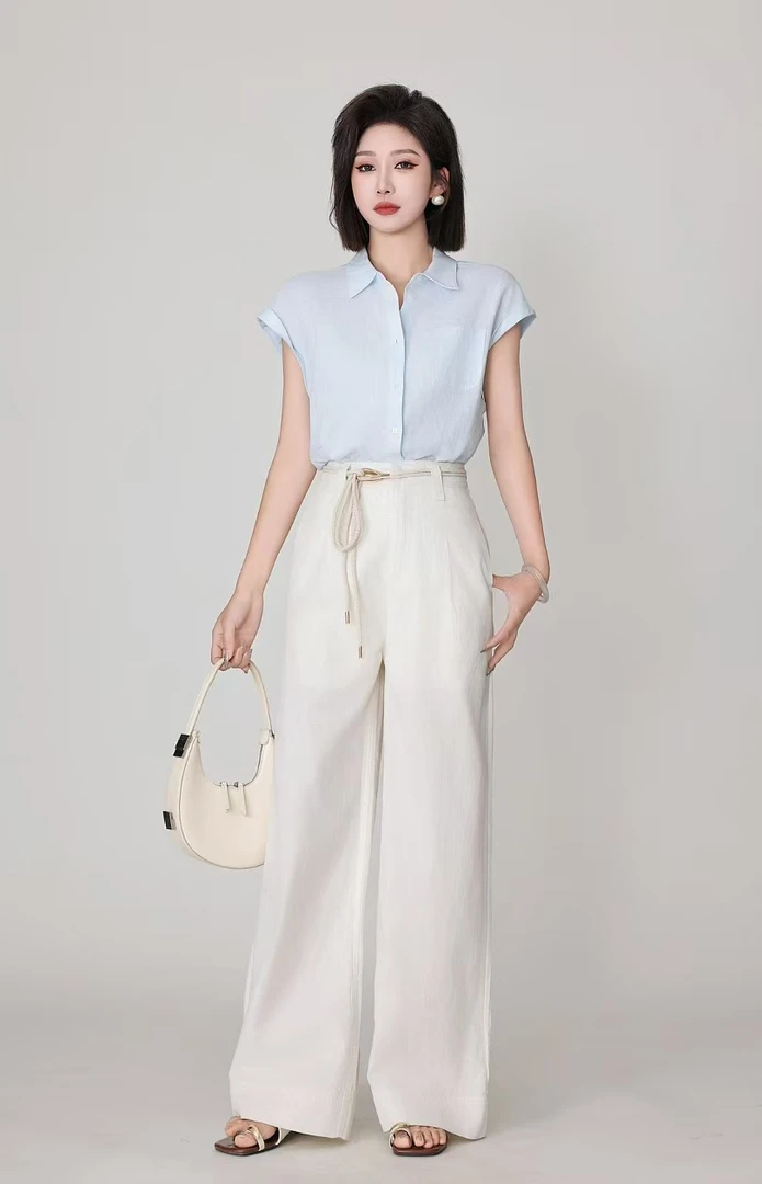 天丝亚麻直筒裤女2025夏季薄款新款高腰后松紧长裤时尚百搭休闲裤