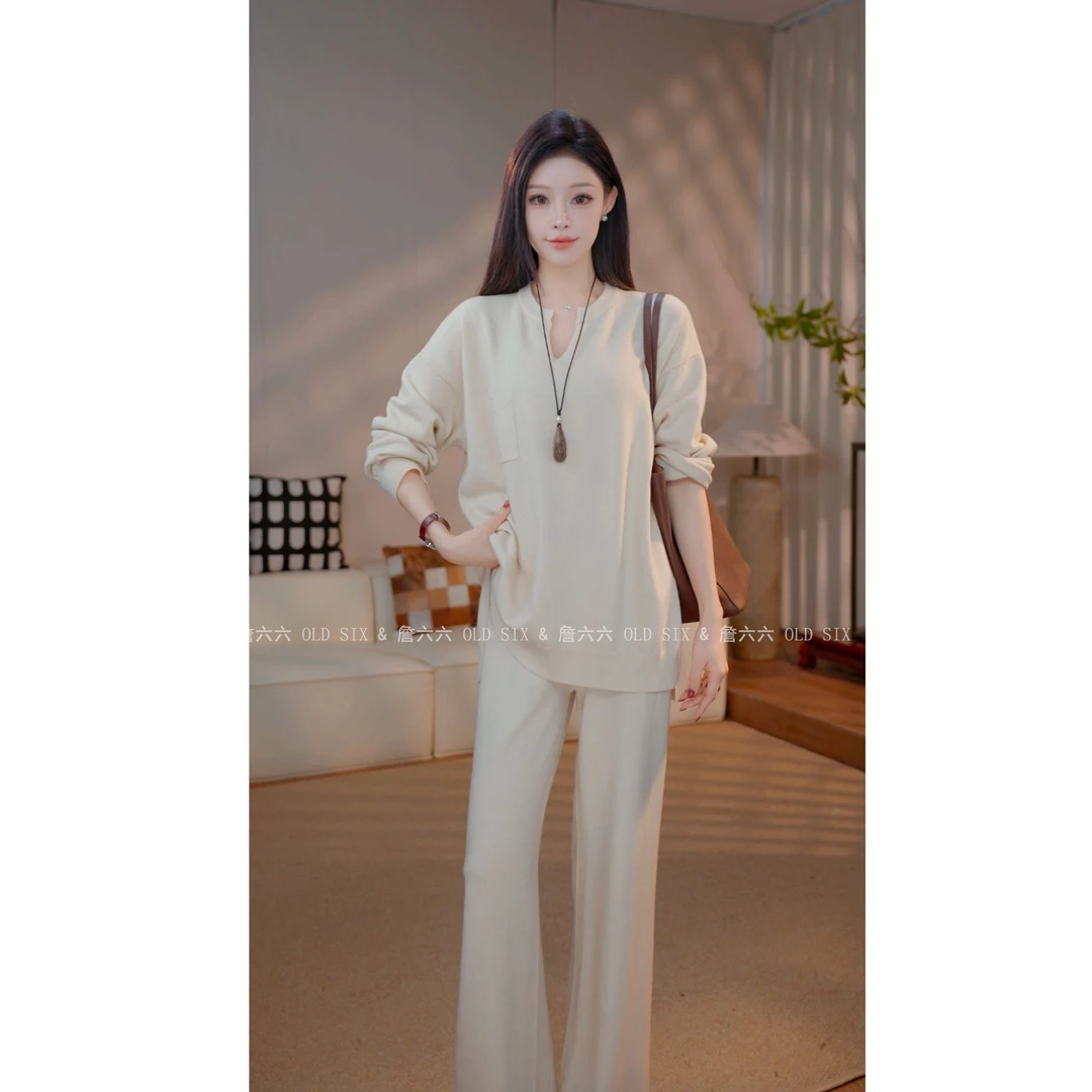 詹六六 秋冬老钱风『羊毛』保暖长袖直筒裤披肩休闲3件套装女A21214