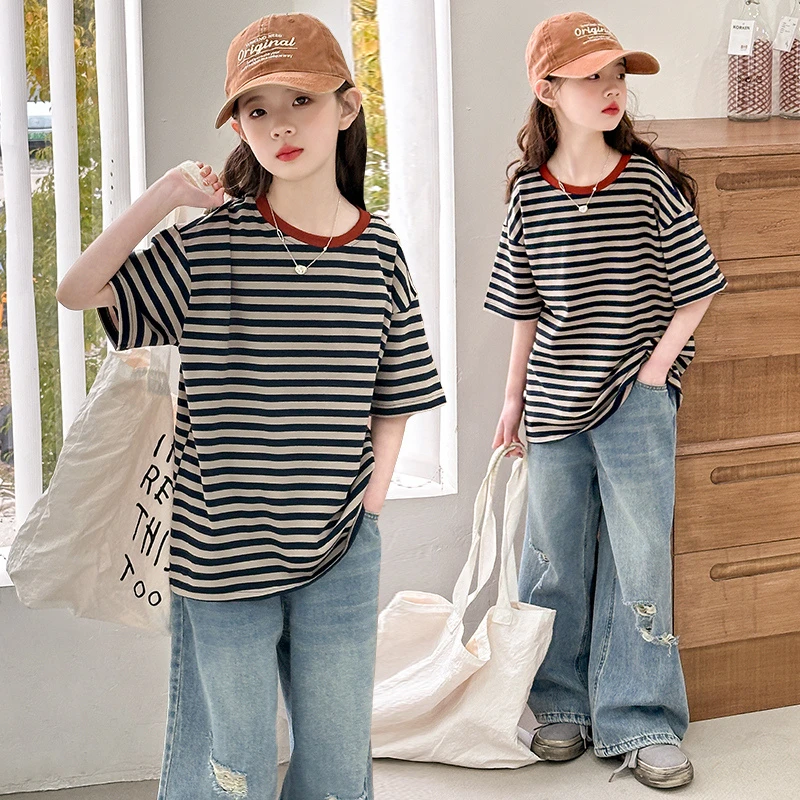 女童套装夏装2025新款儿童洋气时髦条纹短袖女孩破洞牛仔裤两件套