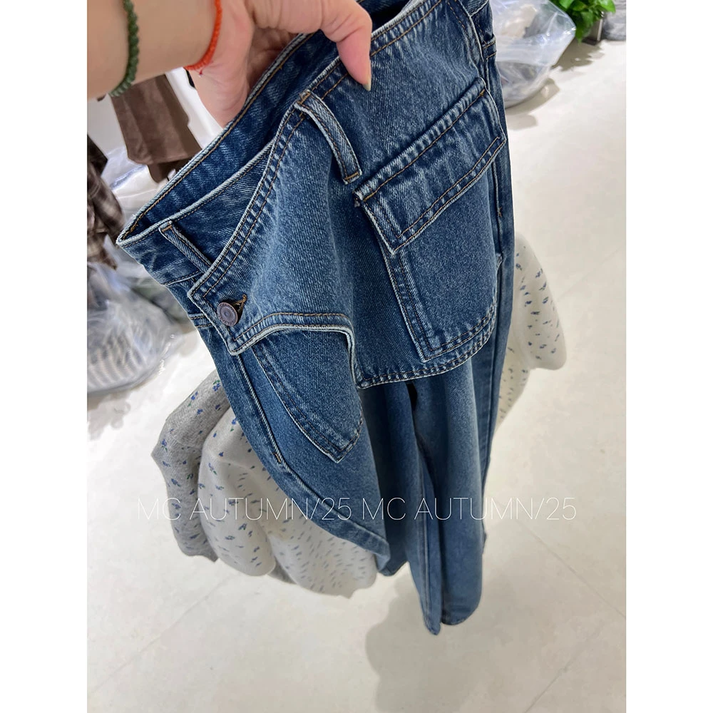 【腰封时髦牛仔裤】欧洲站秋季个性口袋装饰阔腿裤113690