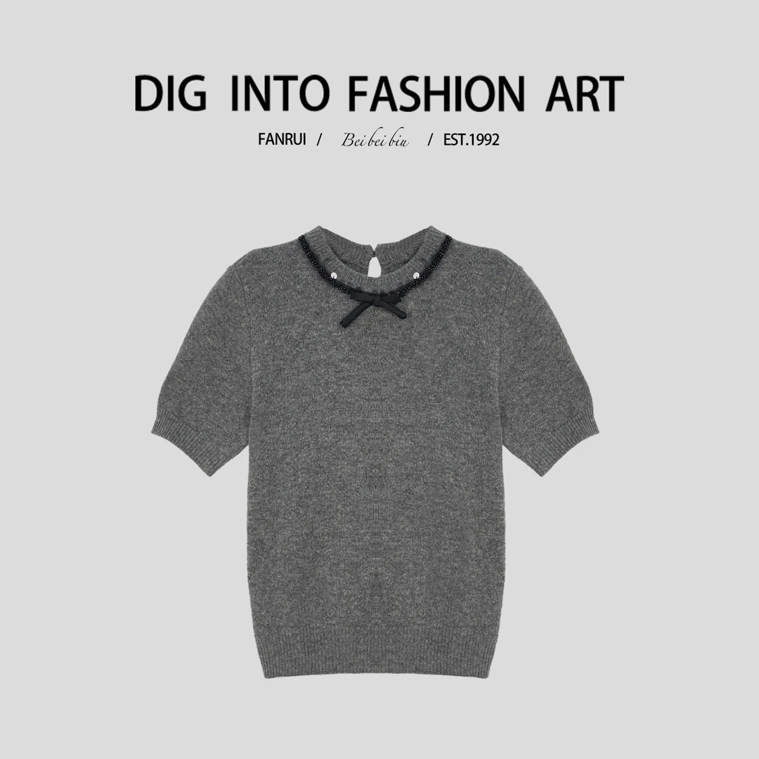 FANRUI/泛芮「袖珍姑娘 」领脖设计感百搭针织上衣打底T恤B14389