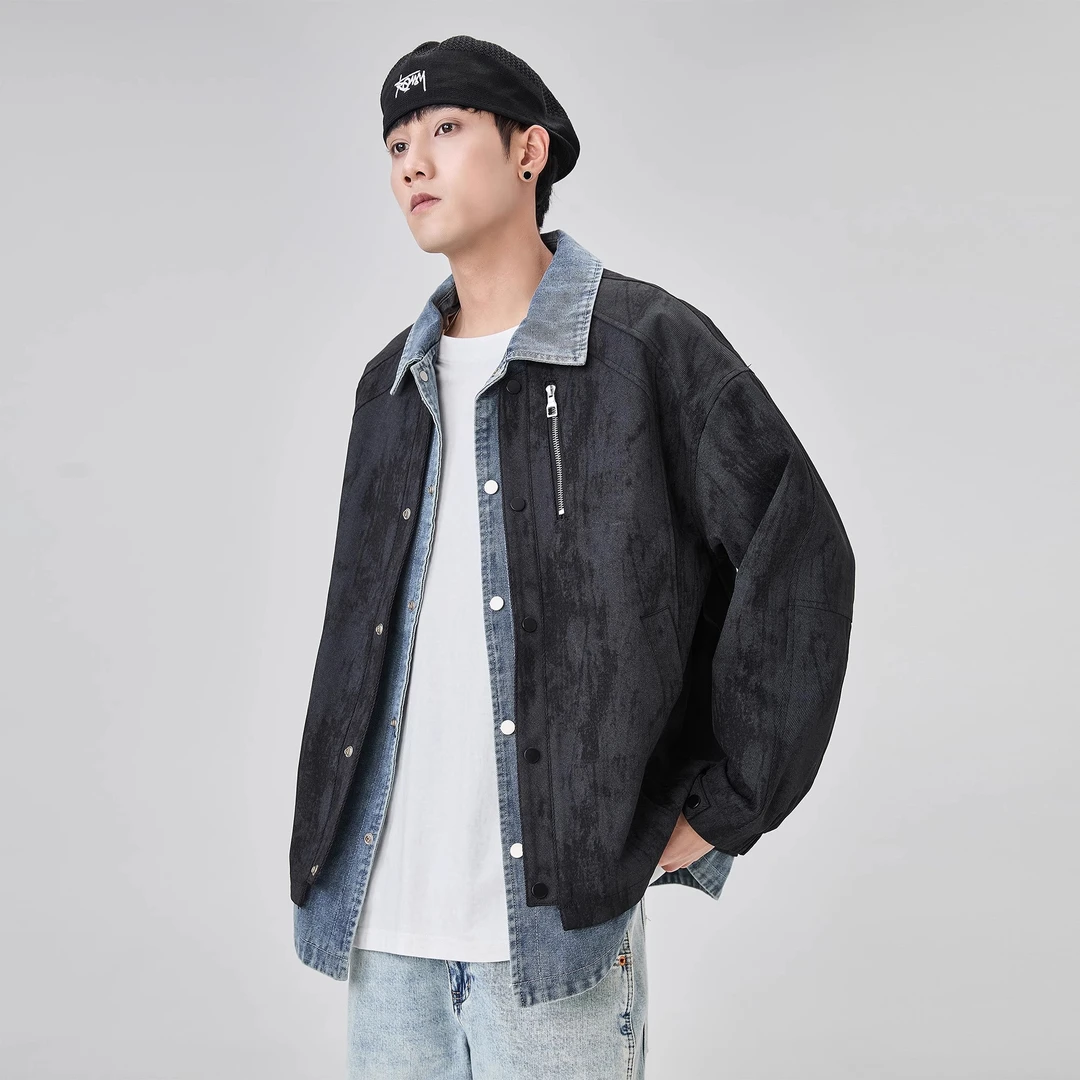 【古克】假两件牛仔拼接翻领外套男解构设计感cleanfit潮流百搭夹克