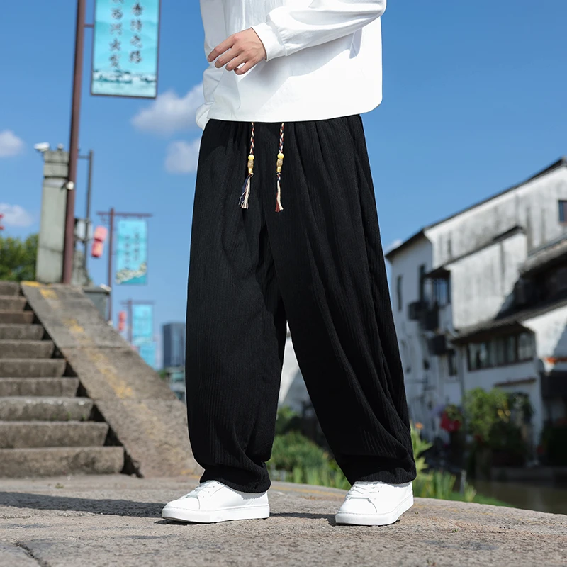 中国风男装黑色休闲裤秋冬季复古灯芯绒阔腿裤大码宽松直筒哈伦裤