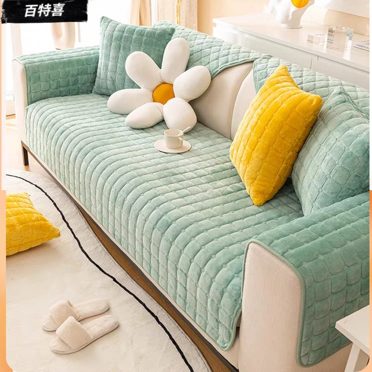 冬款法兰绒沙发垫冬季毛绒加厚防滑皮坐垫简约现代时尚沙发套