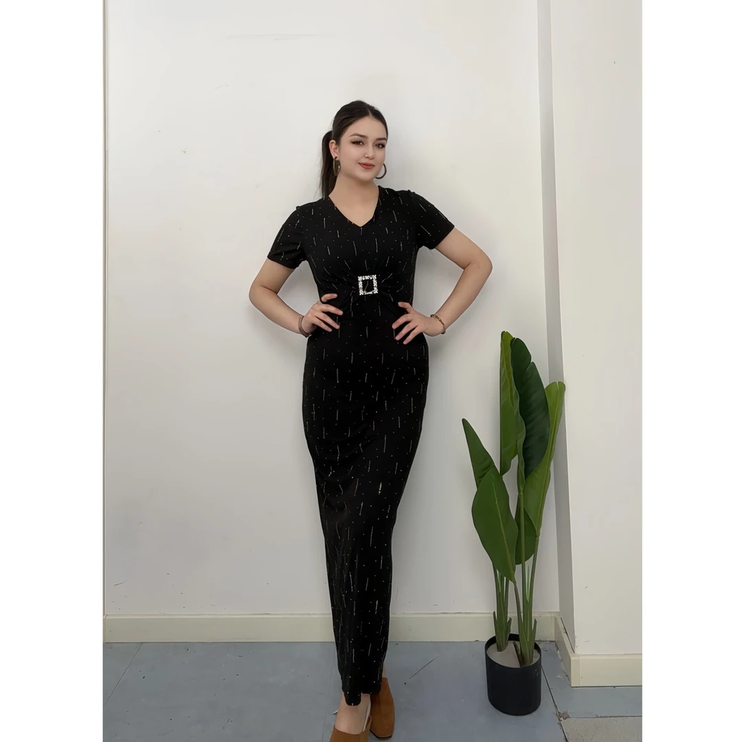 9906【古扎力】烟花式烫钻夏季V领腰部褶皱设计新款女装连衣裙