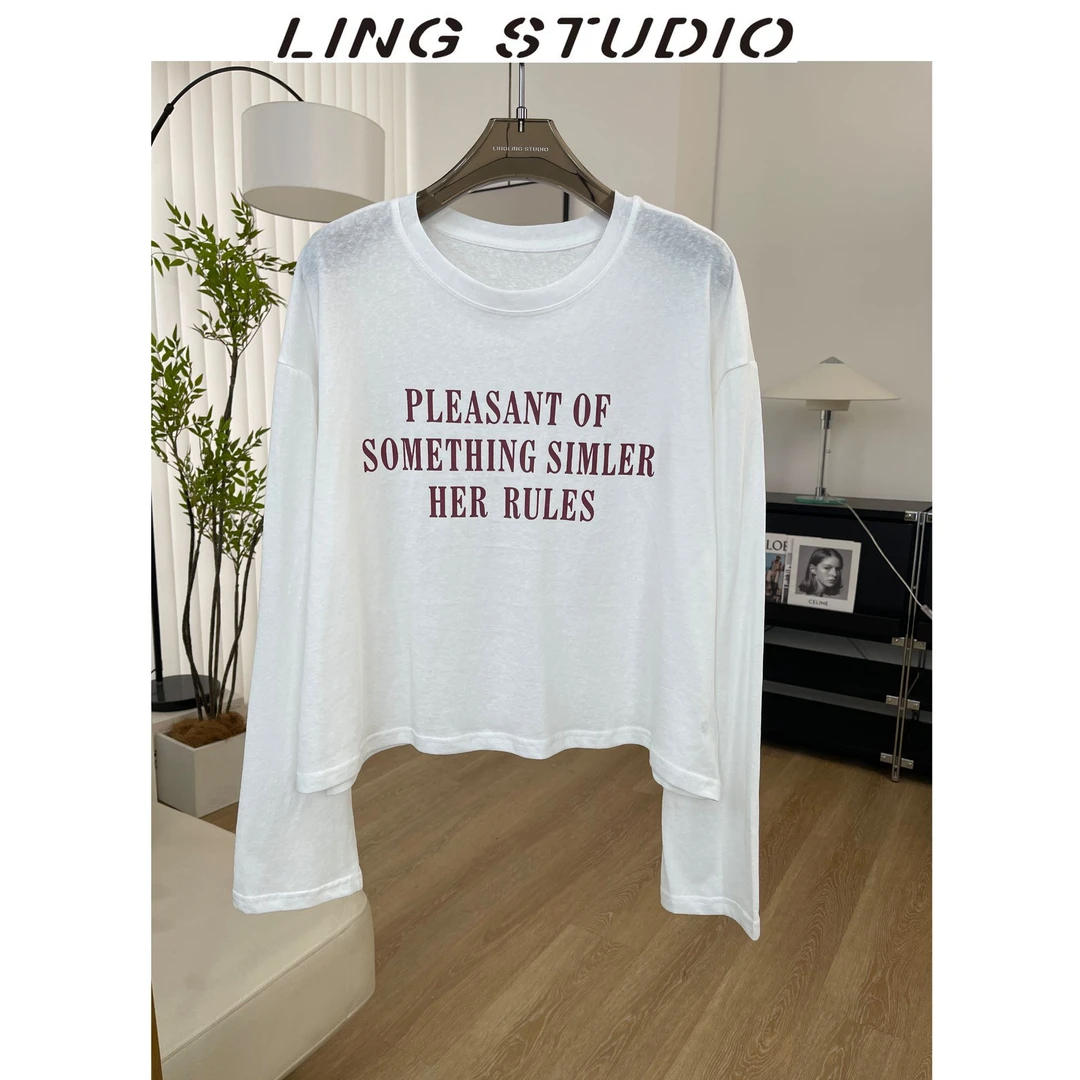 LING/STUDIO『记忆留白』夏季慵懒风圆领字母百搭长袖T恤5042881
