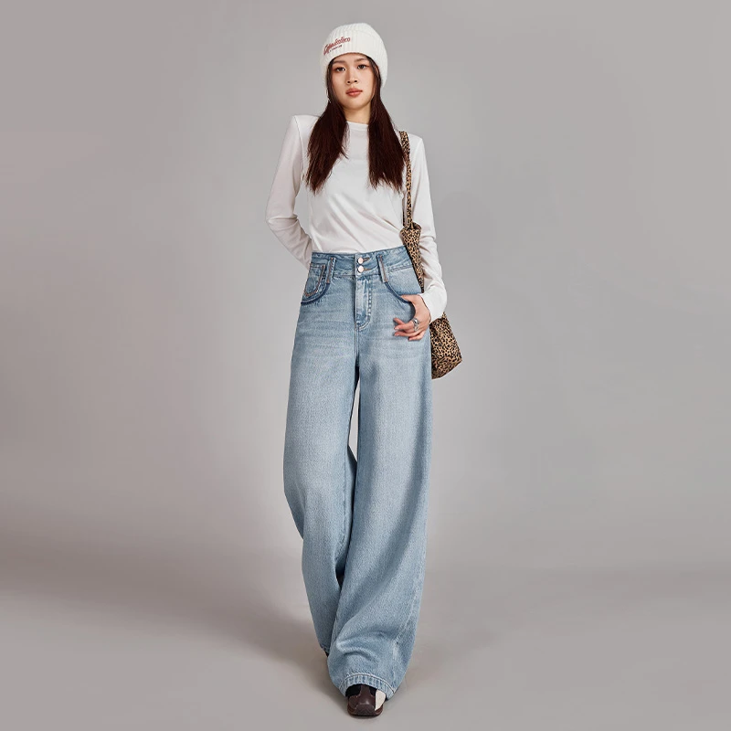 春季新款阔腿牛仔裤女高腰垂感高街显瘦设计师款浅蓝色直筒阔腿裤
