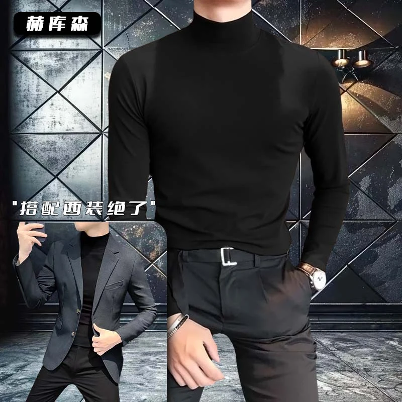 赫库森冬季新款德绒保暖长袖T恤男潮流修身纯色半高领打底衫上衣