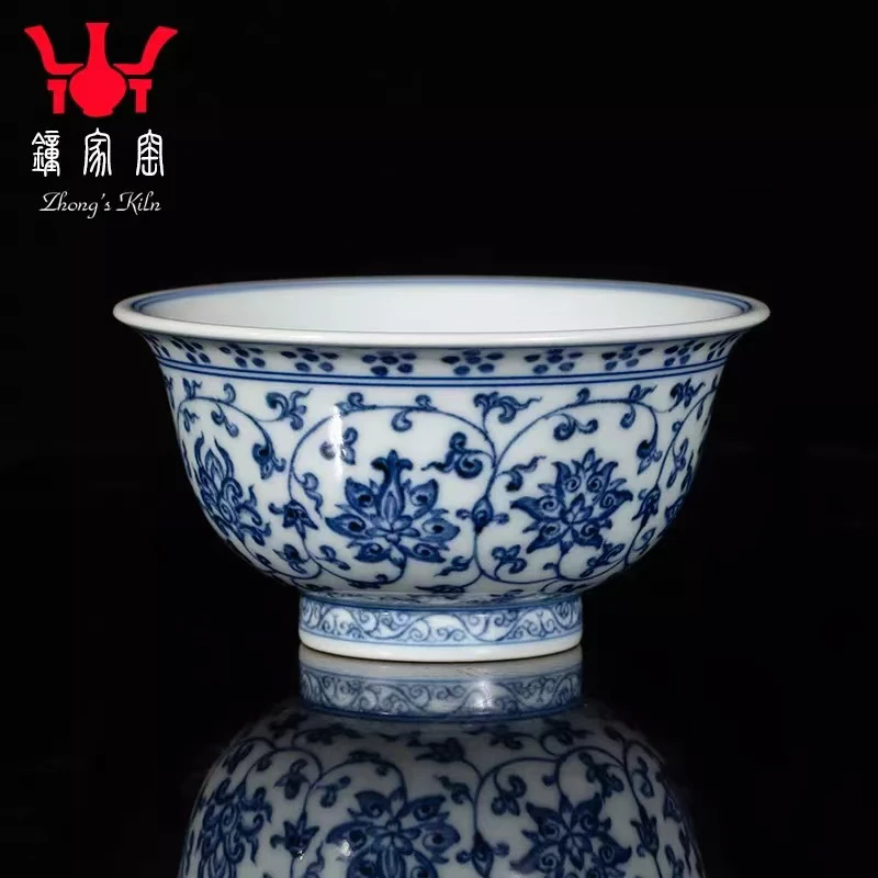 钟家窑陶瓷主人杯纯手工缠枝莲压手杯