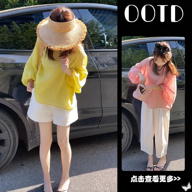夏季穿搭一整套女2025新款韩版黄色防晒衬衫高腰阔腿短裤两件套