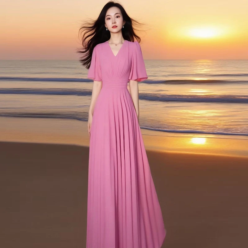 2025夏季新款显瘦长裙简约气质减龄高级轻奢宴会晚礼服收腰连衣裙