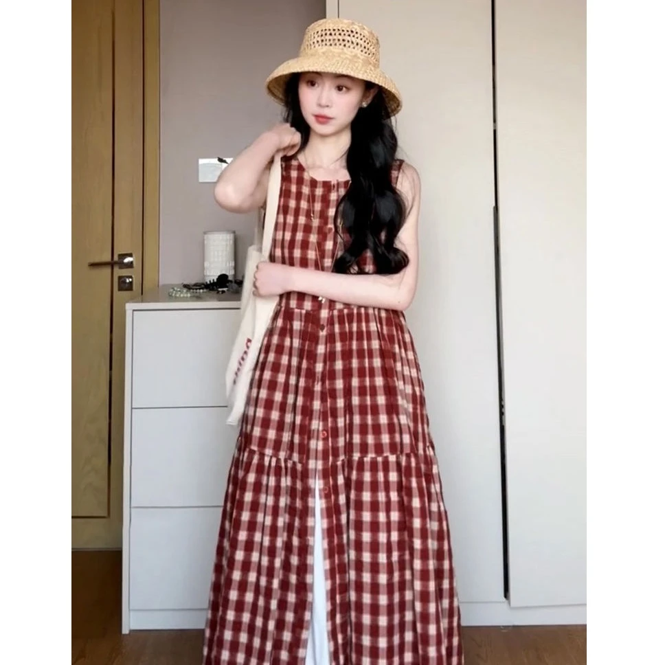 气质红色格子背心连衣裙子女夏季2025新款夏日绝美无袖长裙小个子