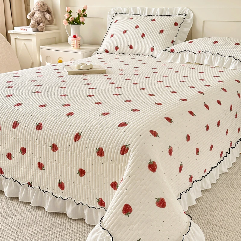 网红公主风双层纱花边床盖三件套防滑床夹棉单件床盖加厚床单