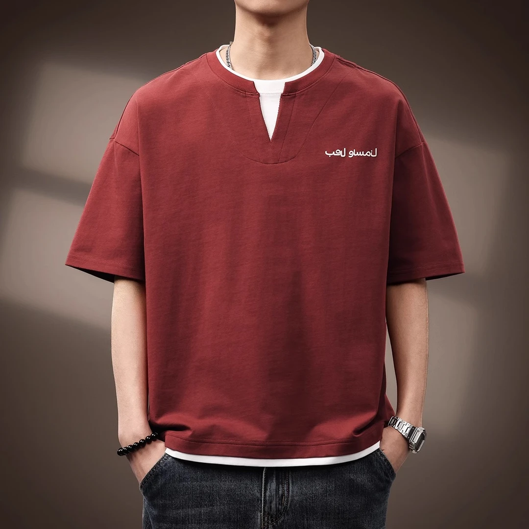 MR.MUDI/穆迪先生高端设计感假两件短袖T恤男夏季半袖V领宽松纯棉