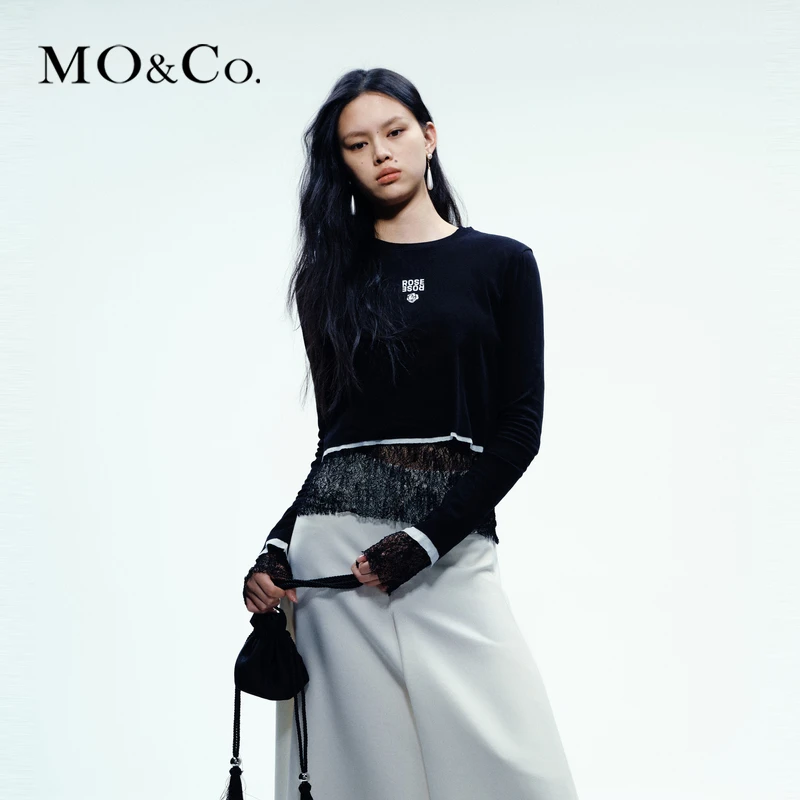 【达人专属】MOCO春玫瑰假两件撞色短款长袖T恤MBD1TEET15
