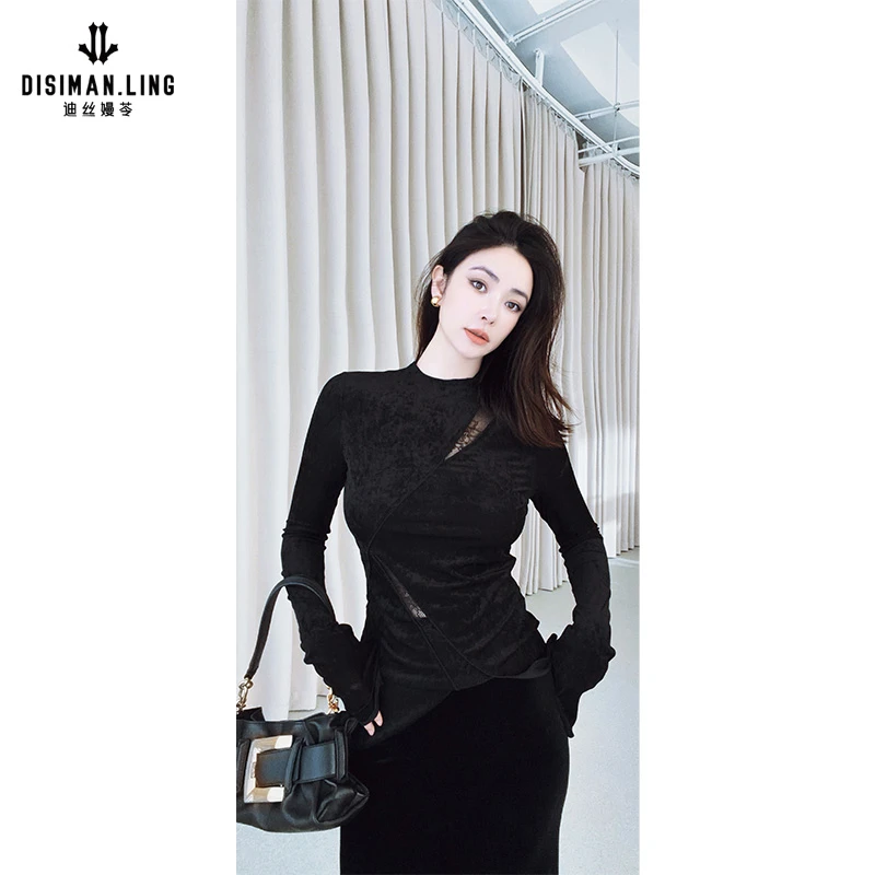 【迪丝嫚苓】黑色拼接不规则蕾丝修身上衣长袖圆领套头优雅感长袖